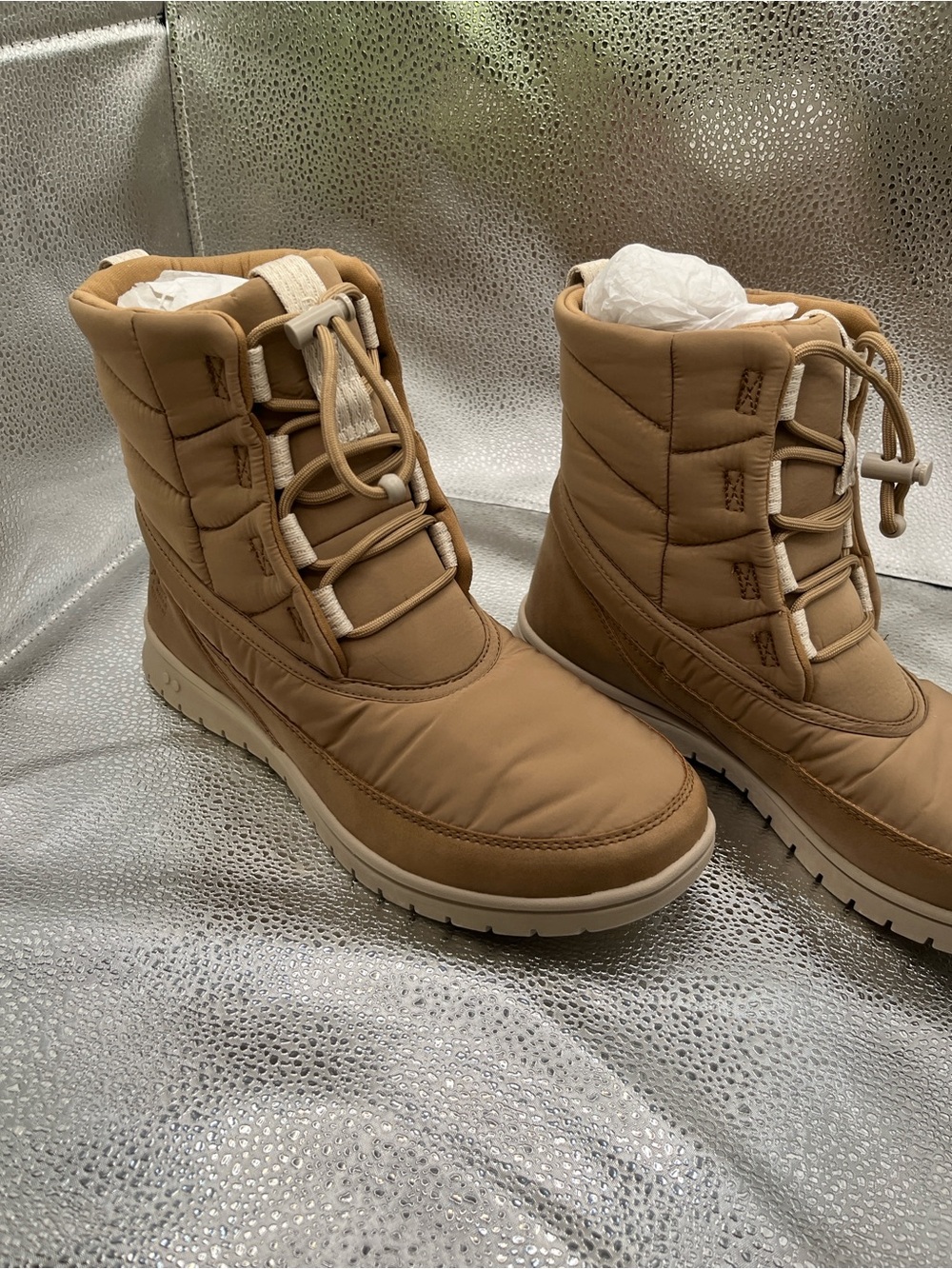 Quilted Tan Winter Rain Boots with Elastic Lacing